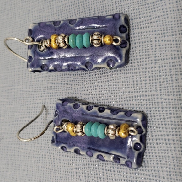 New Attractive Blue Ceramic and Turquoise Beads Dangle Earrings Mixed Metals - Picture 2 of 8
